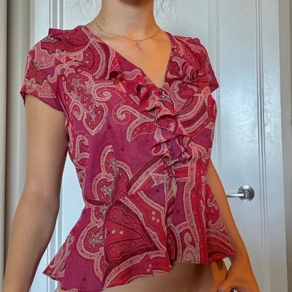Vintage 2000s Victoria's Secret Mesh Pink Paisley Ruffle Blouse - Picture 1 of 5